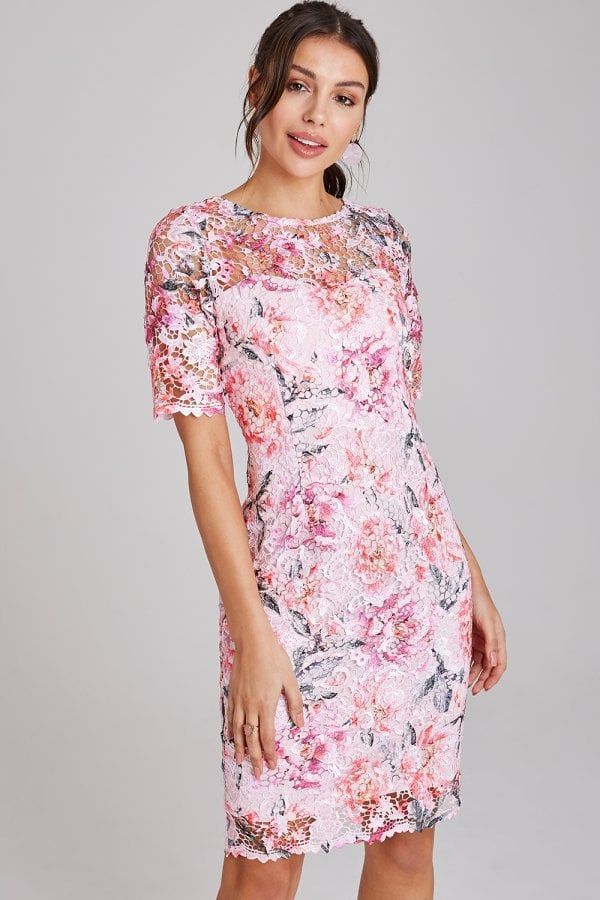 Nantes Blush Floral-Print Lace Dress size: 10 UK, colour: