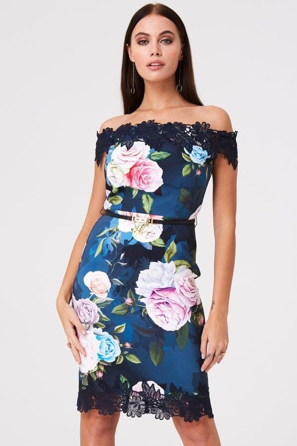 Pembroke Rose Floral Bardot Dress With Lace Detail size: 1