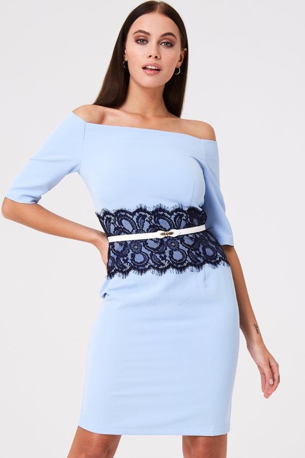 Lowndes Blue Bardot Dress With Lace Waist size: 10 UK, col