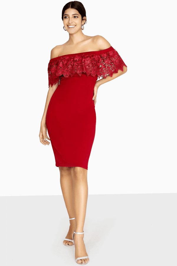 Eller Bardot Dress With Crochet Flounce size: 10 UK, colou