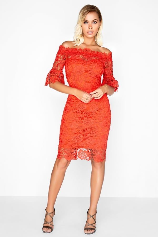 Red Crochet Lace Bardot Dress size: 10 UK, colour: Red
