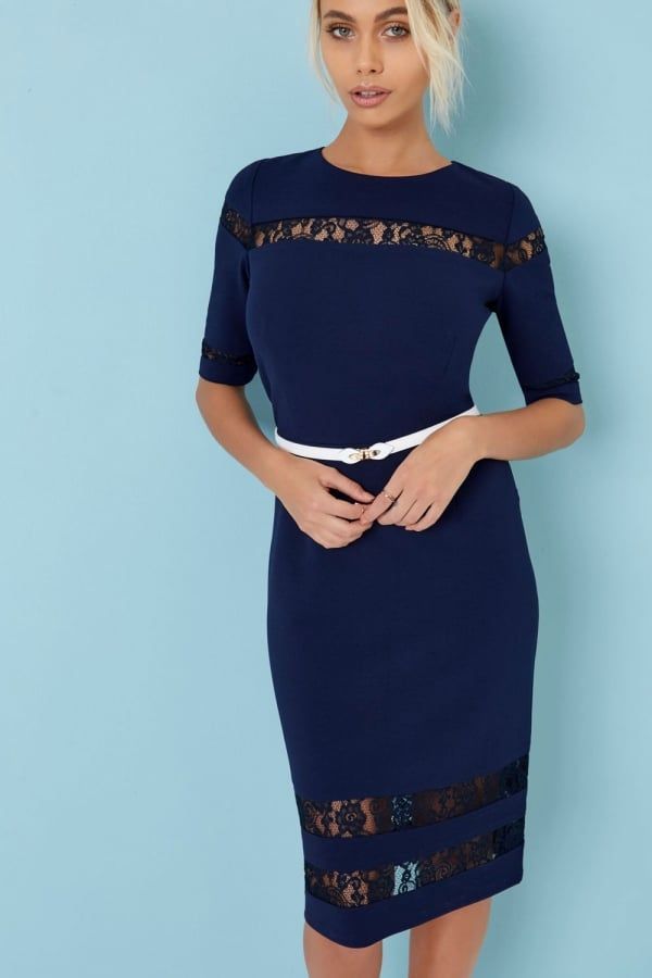 Navy Lace Insert Bodycon Dress size: 10 UK, colour: Navy