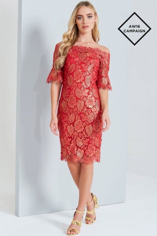 Metallic Berry Crochet Lace Dress size: 10 UK, colour: Red