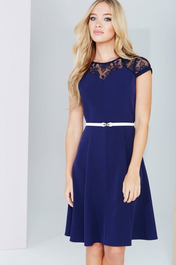 Navy Lace Detail Fluted Swing Dress size: 10 UK, colour: N