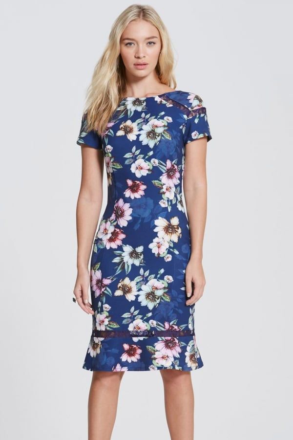 Navy Floral Bloom Peplum Hem Dress size: 10 UK, colour: Na