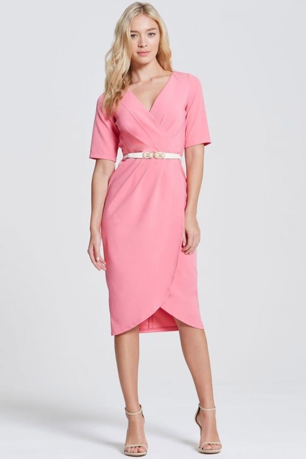 Pink Wrap Midi Dress size: 10 UK, colour: Coral