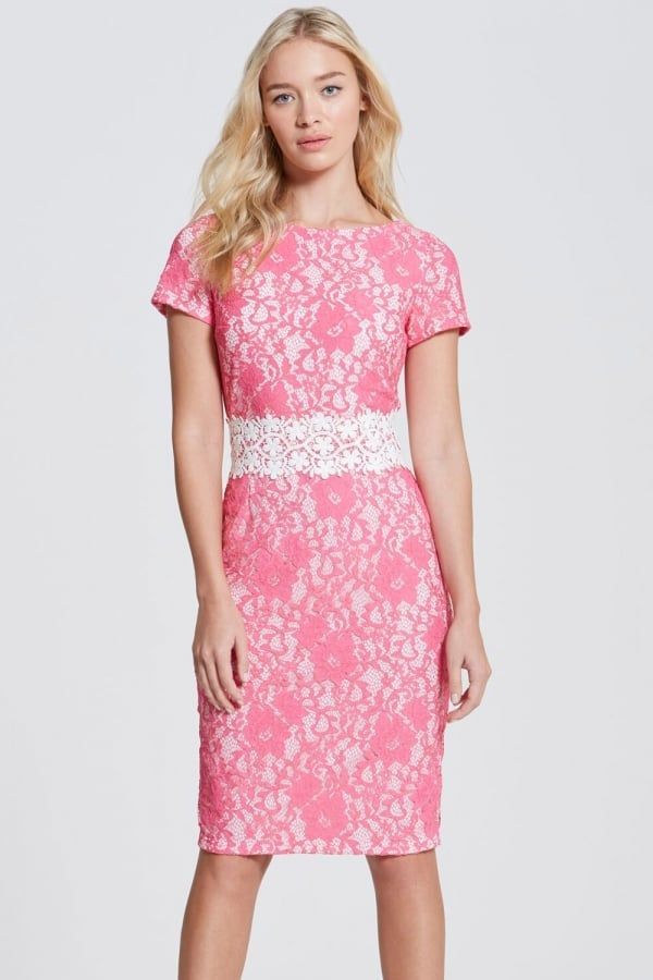 Pink Lace Bodycon Dress with Crochet Trim size: 10 UK, col