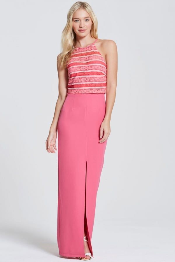 Pink Stripe Lace Halter Maxi Dress  size: 10 UK, colour: P