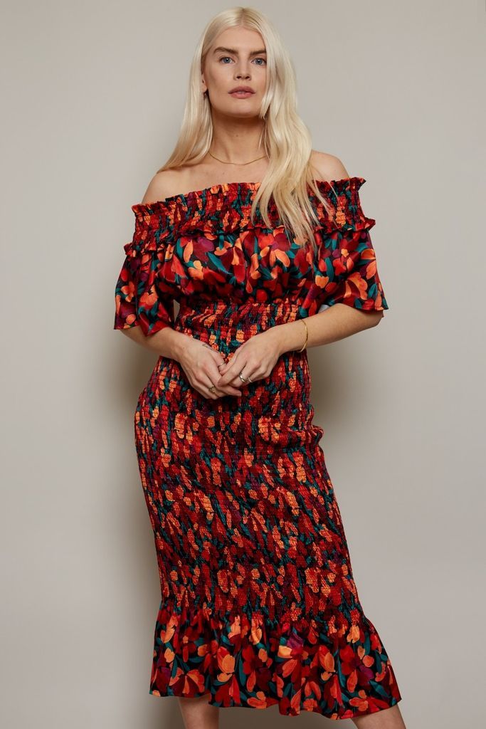 Floral Shirred Bodycon Bardot Dress size: 10 UK, colou