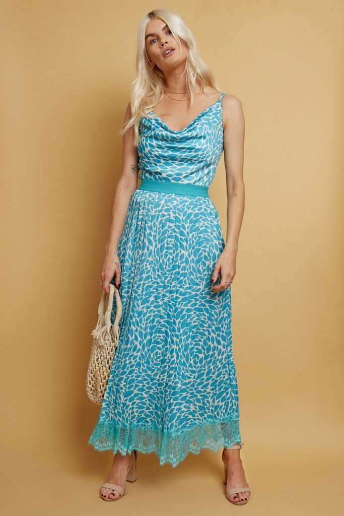 Merida Aqua Print Pleated Hem Midaxi Dress size: 10 UK