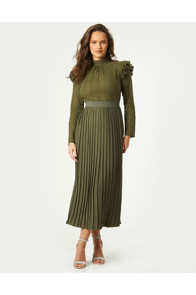 Milena Khaki Embroidered Pleated Midaxi Dress size: 10