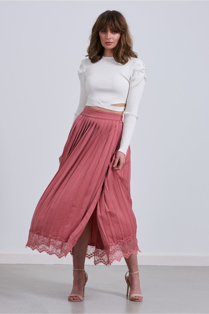 Satin Rose Pink Pleated Skirt With Lace Hem  size: 10