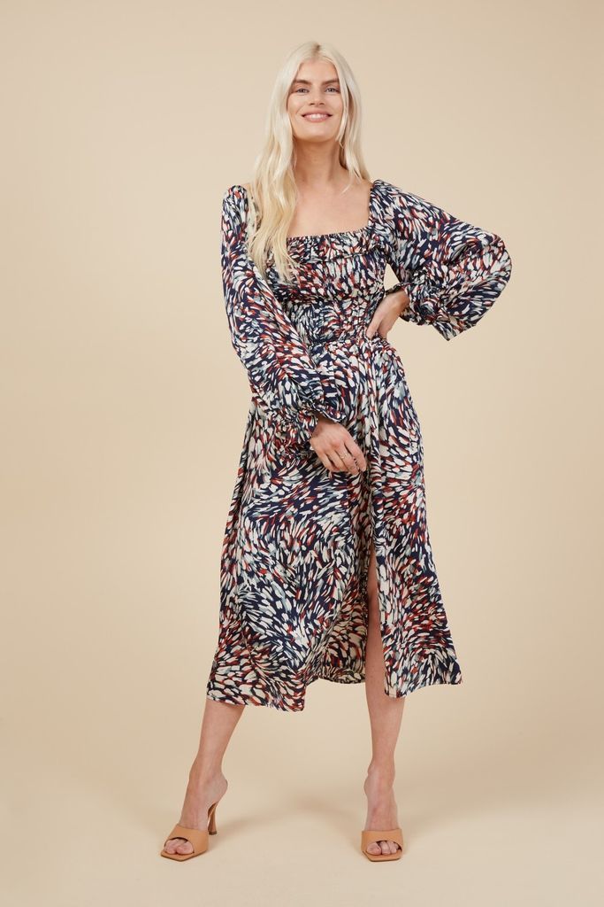 Printed Midi Dress with Thigh Split Detail  size: 10 U