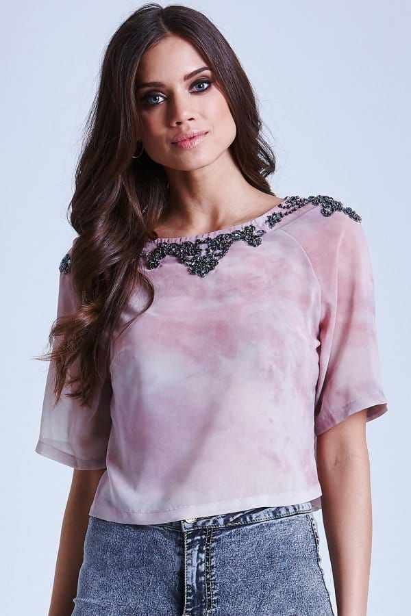 Pink and Cream Blur Embellished Top size: 10 UK, colou