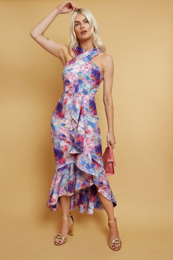 Natasa Blurred Floral-Print Frill Midaxi Dress size: 1