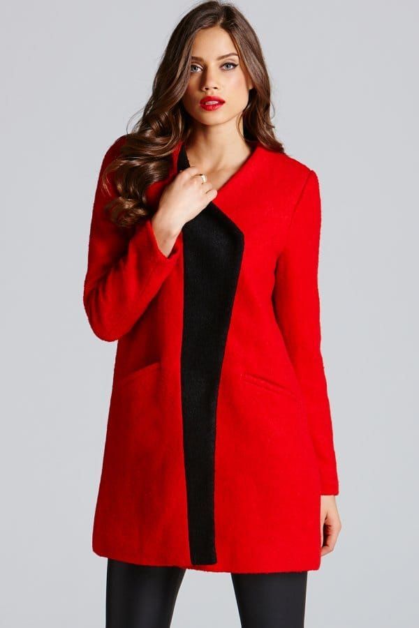 Red Contrast Lapel Wool Coat size: 10 UK, colour: Red