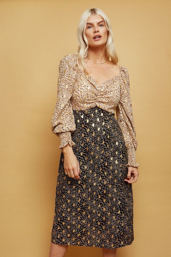 Lima Red Mixed-Print Gold Foil Midi Tea Dress size: 10