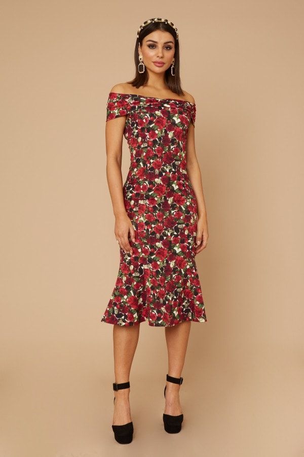 Remy Rose-Print Bardot Midi Dress size: 10 UK, colour: