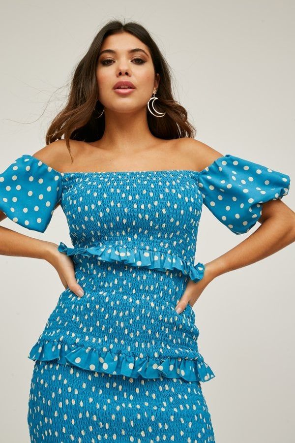 Major Blue Polka-Dot Bardot Midi Dress size: 10 UK, co