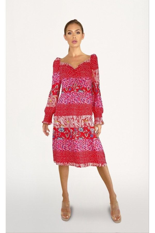 Lima  Red Mixed-Print Midi Tea Dress size: 10 UK, colo