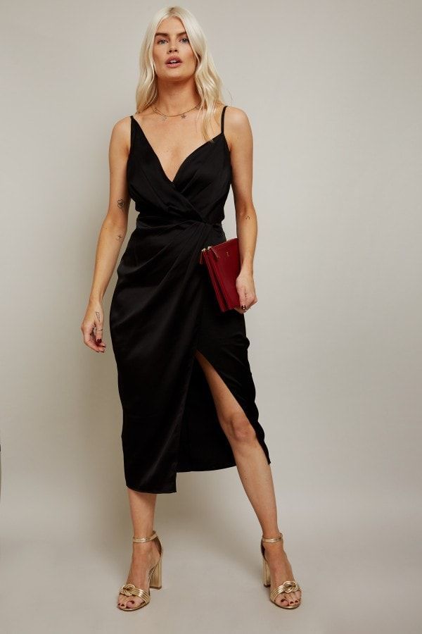Fletcher Black Satin Mock Wrap Midi Dress size: 10 UK,