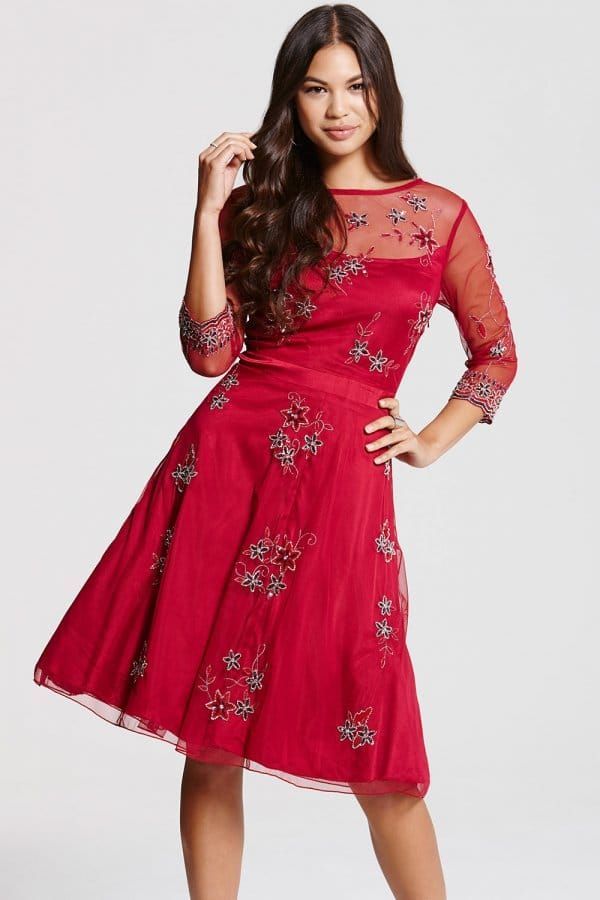 Red Embroidered Skater Dress size: 10 UK, colour: Red