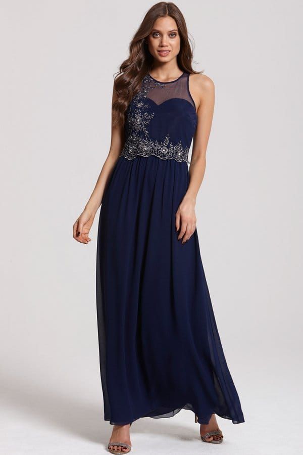 Navy and Silver Embellished 2 in 1 Maxi Dress size: 10