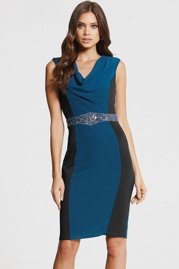 Teal and Black Cowl Neck Bodycon Dress size: 10 UK, co