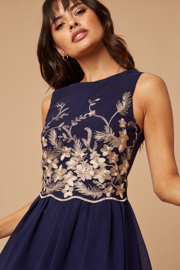 Navy and Gold Embroidered 2 in 1 Dress size: 10 UK, co