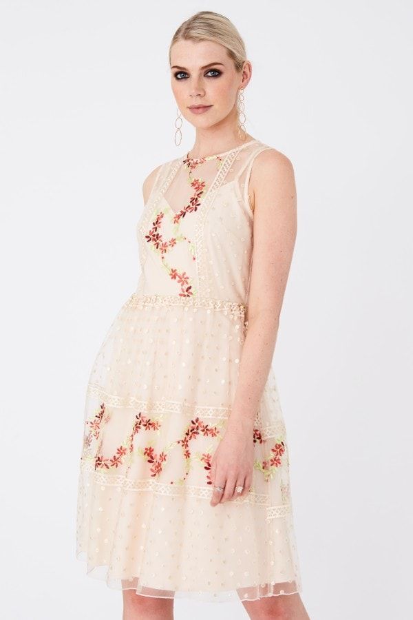 Hana Nude Floral-Embroidered Skater Dress size: 10 UK,
