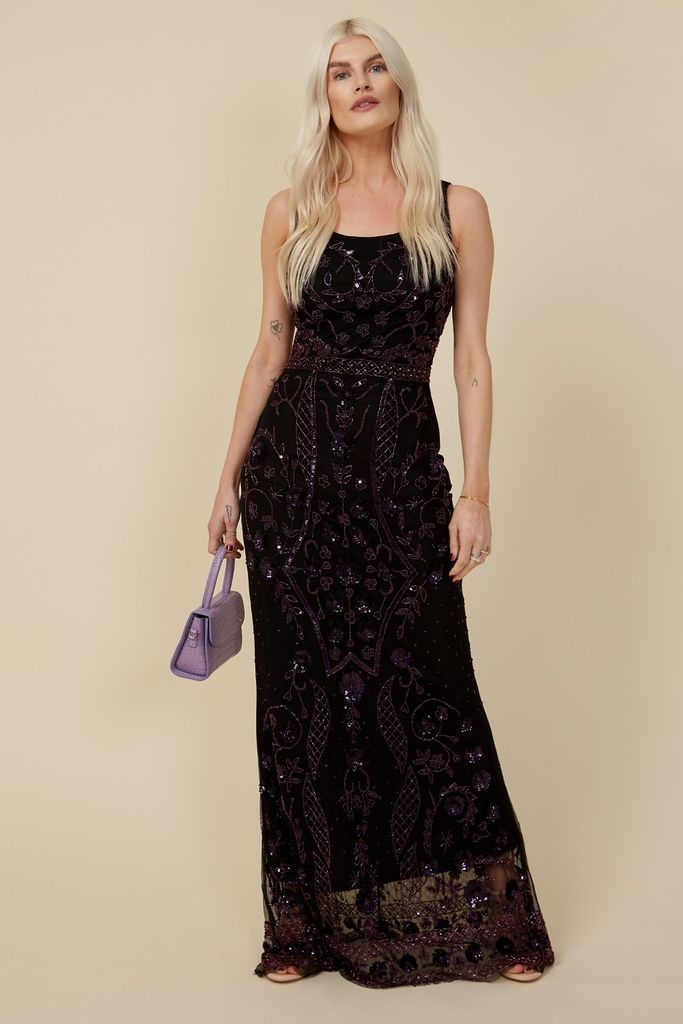 Maryam Black Embellished Sheath Maxi Dress size: 10 UK