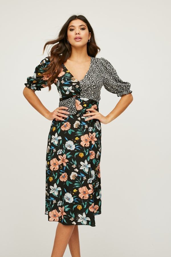 Motley Black Floral-Print Midi Tea Dress size: 10 UK,