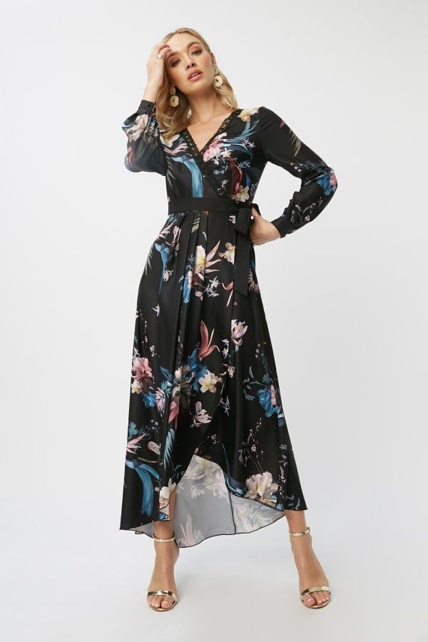 Laurel Black Floral-Print Maxi Wrap Dress size: 10 UK,