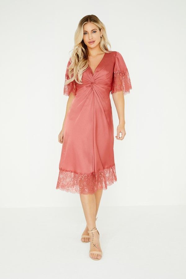 Kathy Terracotta Satin Midi Dress With Lace size: 10 U