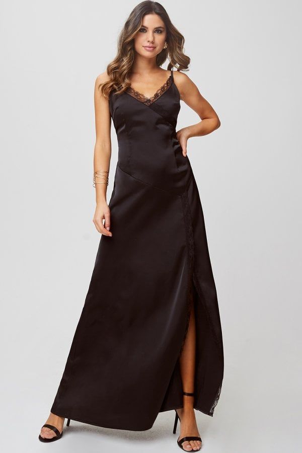 Hanna Black Satin Lace-Trim Maxi Dress size: 10 UK, co