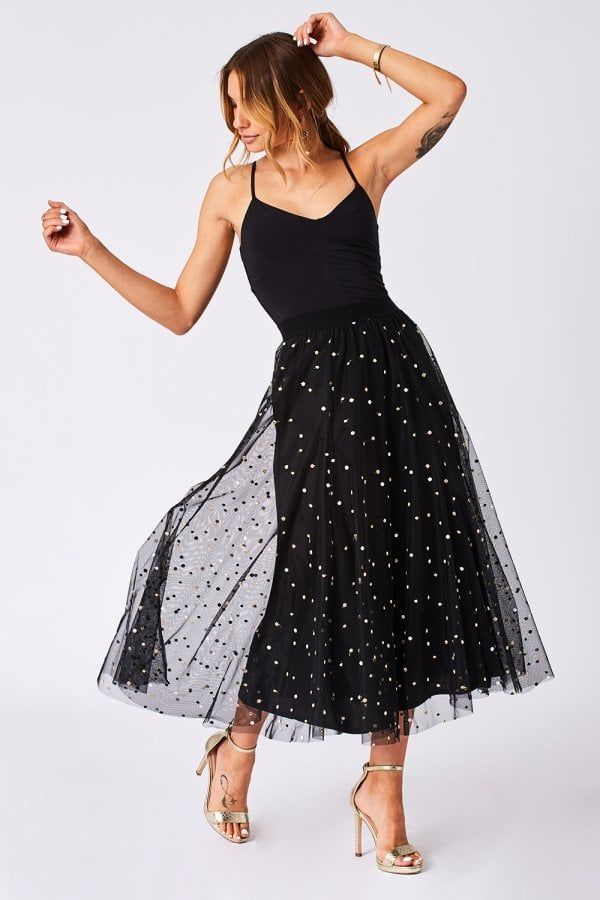 Lisa Black Embroidered Polka-Dot Midi Skirt size: 10 U