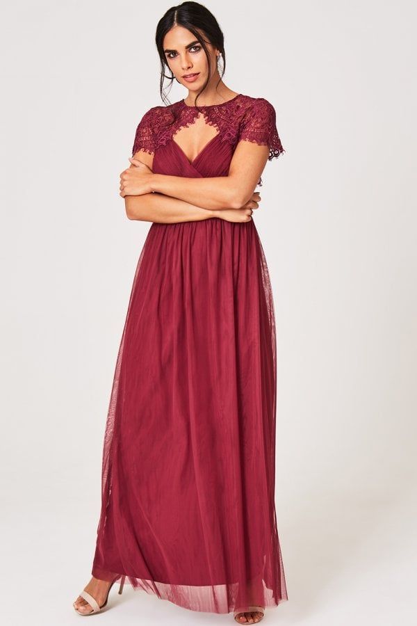 Lillian Dusty Wine Lace Keyhole Maxi Dress size: 10 UK