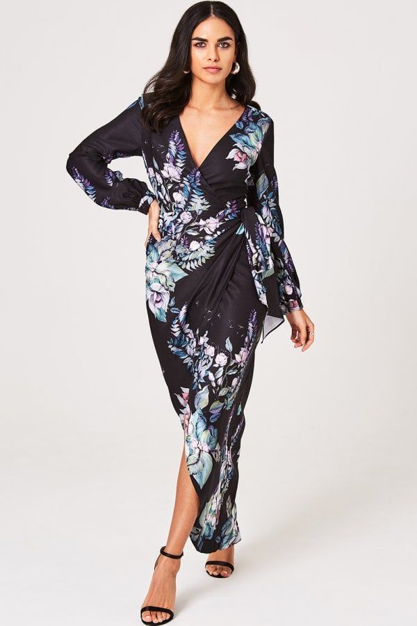 Roxby Black Floral Long-Sleeve Maxi Dress size: 10 UK,