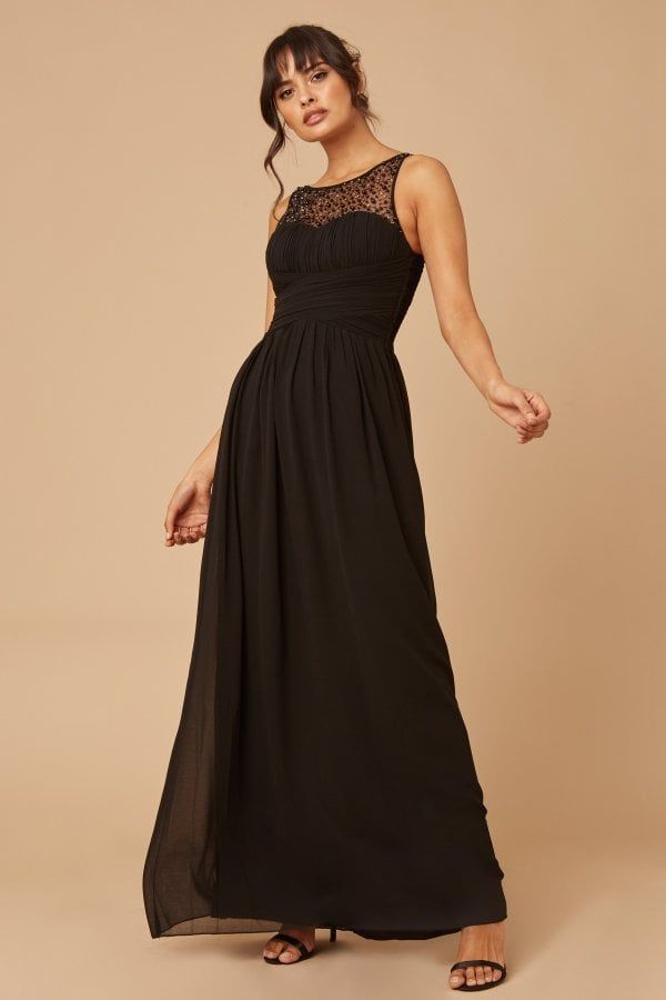 Grace Black Embellished Neck Maxi Dress size: 10 UK, c