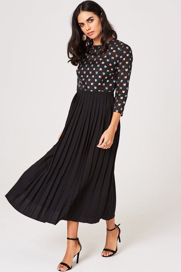 Jemima Black Geo Embroidery Midaxi Dress size: 10 UK,