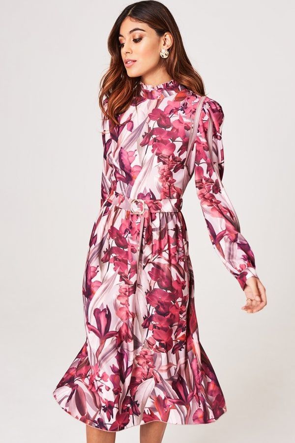 Marlowe Floral Long-Sleeve Belted Midi Dress size: 10