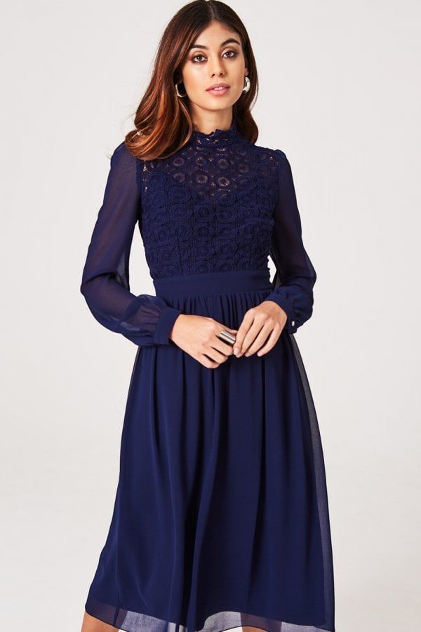 Sacha Navy Crochet Lace Long-Sleeve Midi Dress size: 1