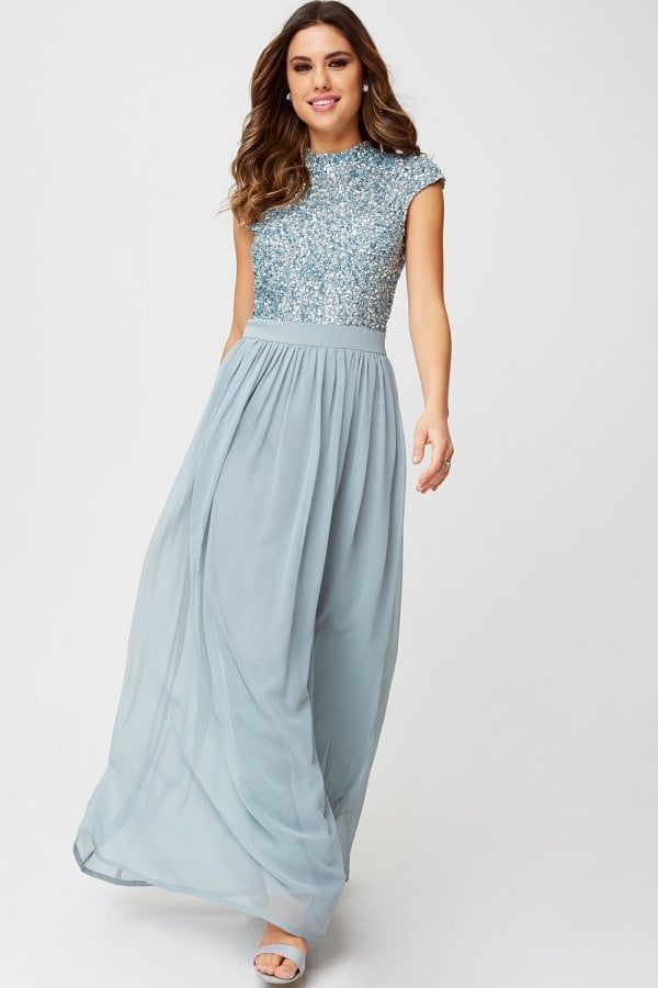 Michelle Cornflower Sequin Top Maxi Dress size: 10 UK,