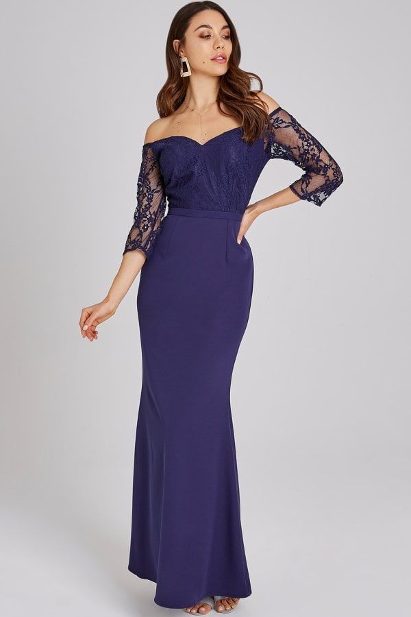 Erin Navy Lace Bardot Maxi Dress size: 10 UK, colour: