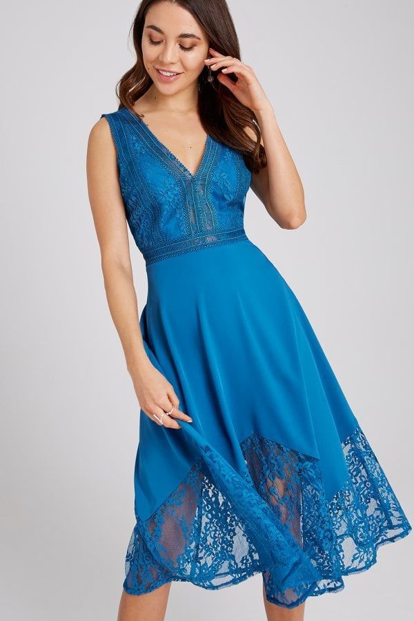 Reagan Lagoon Blue Lace-Trim Midi Dress size: 10 UK, c