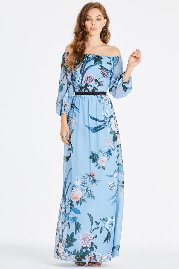 Rori Blue Floral Bardot Maxi Dress size: 10 UK, colour