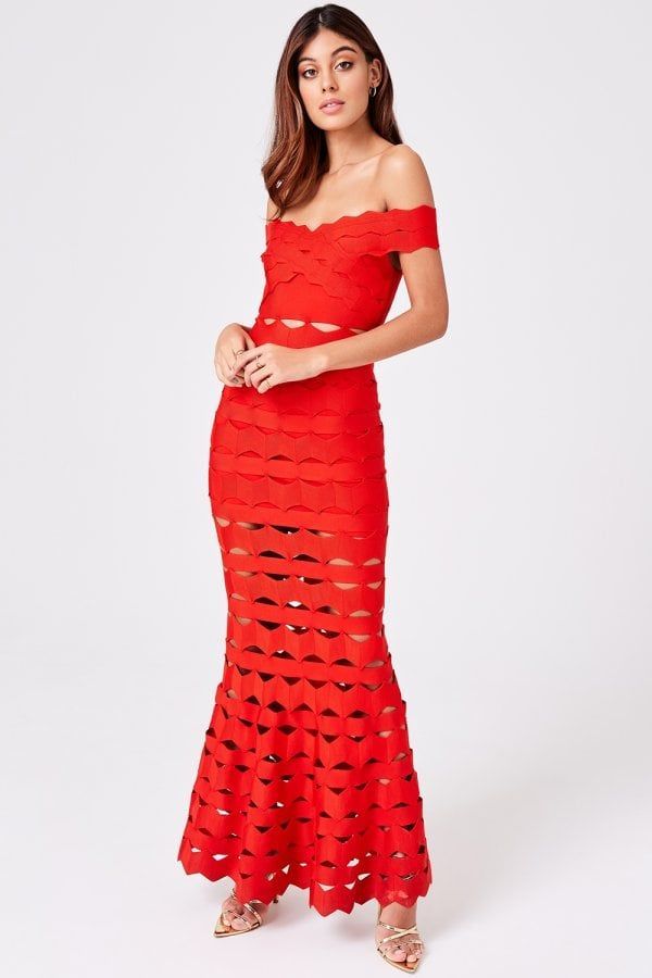 Valentina Red Bandage Bardot Maxi Dress size: 10 UK, c