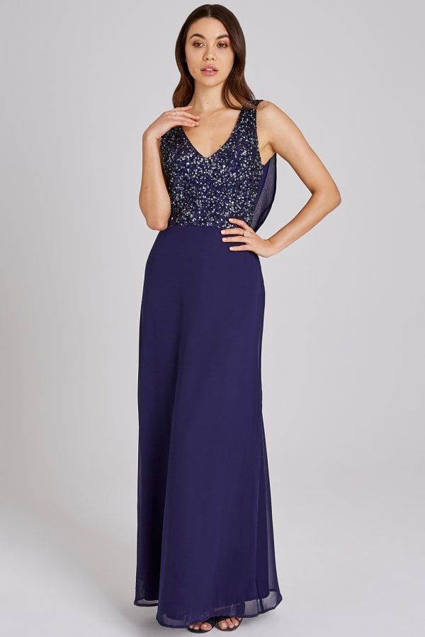 Ines Navy Hand-Embellished Sequin Maxi Dress size: 10