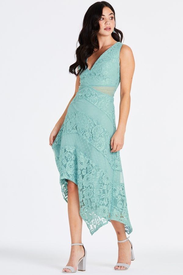 Monet Blue Lace Plunge Midaxi Dress size: 10 UK, colou