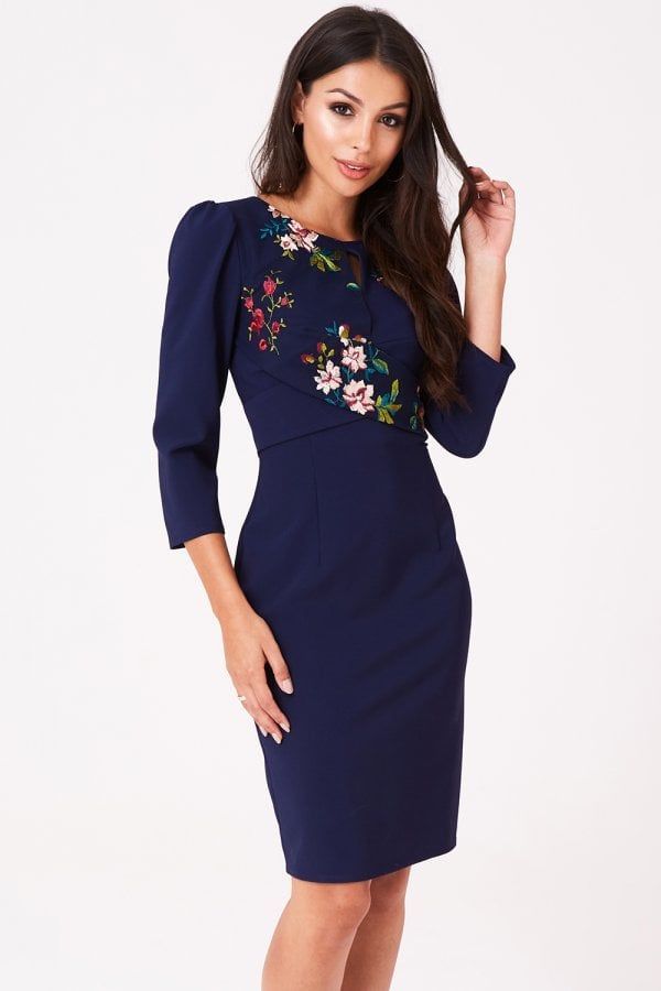 Tara Navy Floral Embroidery Dress size: 10 UK, colour: